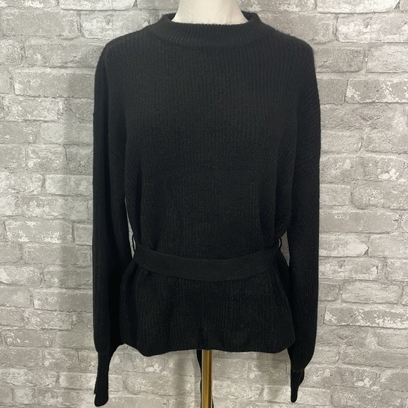 Vici Open Back Tie Waist Balloon Sleeve Black Sweater - Picture 3 of 9